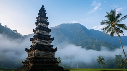 A serene landscape with a towering, ancient stone monument dedicated to a long-forgotten deity, surrounded by lush greenery and soft morning mist