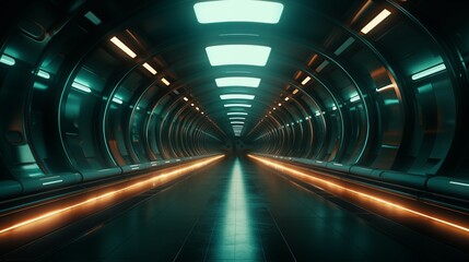 Wall Mural - A Futuristic, Neon-Lit Tunnel with a Symmetrical Design and Glowing Pathway, Depicting Modern, High-Tech Architecture in a Sci-Fi Setting