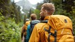 © Pinklife - A group of hikers with backpacks trekking through a scenic mountain path surrounded by lush greenery and towering peaks, showcasing adventure and nature exploration.