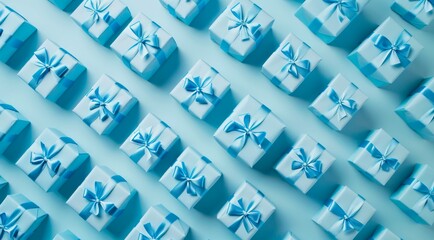 Wall Mural - Pattern with blue gift boxes on light blue background, top view, minimal flat lay style. Festive Christmas pattern design with blue wrapped presents with ribbon and bow.