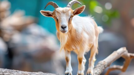 This image features a content young goat standing confidently on a log, enjoying the simplicity of farm life, with a serene backdrop, emphasizing charm and tranquility.