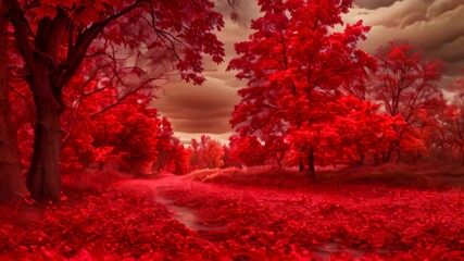 Poster - A dirt road weaving through vibrant red leaves beneath a cloudy sky, Lush and velvety red colors saturating the scene