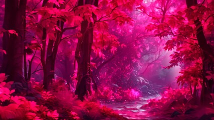 Poster - A path winds through a forest filled with vibrant red leaves, Lush and velvety red colors saturating the scene