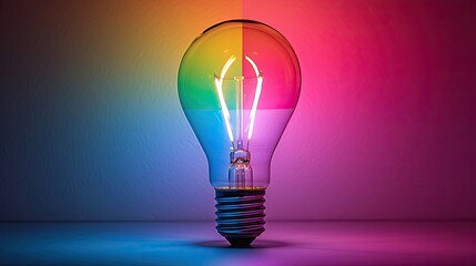 a colorful glowing idea bulb lamp, visualization of brainstorming and creative thinking