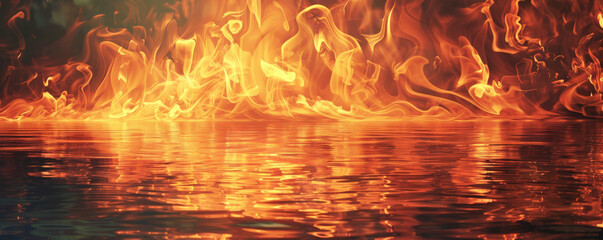 Wall Mural - A fire background with flames reflecting off a body of water, creating a mesmerizing and dynamic scene.