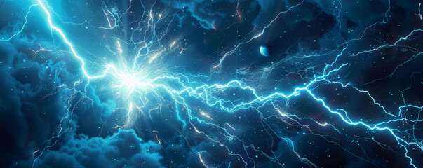 An intense energetic background with electric blue lightning bolts and glowing orbs radiating against a dark backdrop, creating a sense of power.