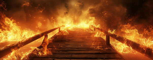 Wall Mural - A fire background featuring flames engulfing a wooden bridge, creating a dramatic and intense visual effect.
