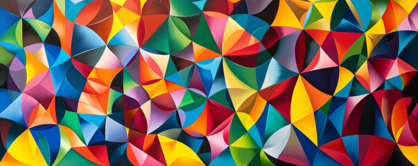 A vivid backdrop showcasing a kaleidoscope of geometric shapes in a spectrum of vibrant colors, creating a lively and dynamic scene.