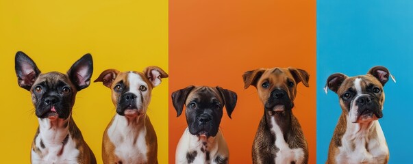 Wall Mural - Studio portraits of young dogs against vibrant colored backgrounds.