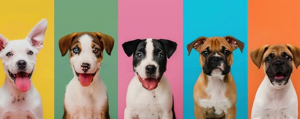 Wall Mural - Studio portraits of young dogs against vibrant colored backgrounds.