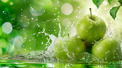 Wall Mural - Three lush green apples, mid-splash in clear water with drops and splashes frozen in time, symbolizing freshness and vitality.