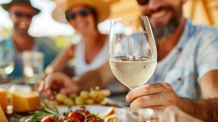 A man in a white shirt enjoys a glass of white wine during an outdoor gathering with friends. The table is filled with delicious food, such as grapes, cheese, and tomatoes.