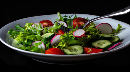 Wall Mural - A fresh, vibrant salad composed of crisp lettuce, radishes, tomatoes, and cucumbers, displayed on a white plate against a dark background.