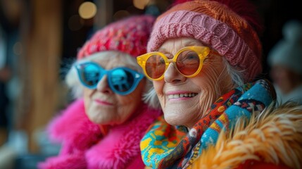 Wall Mural - Elderly friends, full of joy and laughter, enjoy a colorful day of shopping together