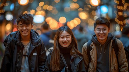 Wall Mural - Excited Asian graduation students, faces glowing with joy, walk and talk together on campus