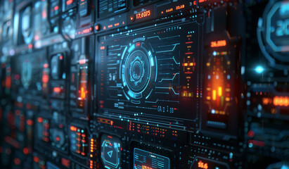 Futuristic interface with glowing blue and red displays. Generative AI