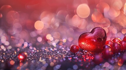 Sticker - Romantic backdrop Heart shaped red beads amidst glitter and bokeh