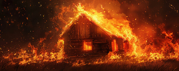 Wall Mural - A fire background featuring flames consuming a wooden cabin, creating a dramatic and intense visual effect.