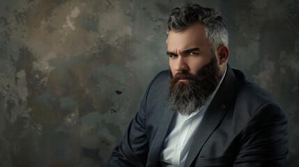 Wall Mural - a serious-looking man with a thick beard and styled hair, dressed in a formal dark suit, poses again