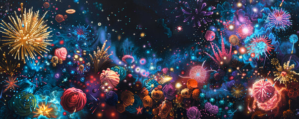 Wall Mural - A vivid backdrop featuring a burst of bright fireworks in various colors against a dark night sky, creating a celebratory and festive scene.