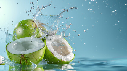 Wall Mural - Another angle of splitting coconuts splashing water against a light blue background, emphasizing the refreshing and cool characteristics of tropical fruit.