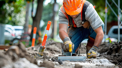 Construction worker using a transit level to align grade stakes in preparation for building.