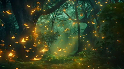 Wall Mural - A forest filled with lots of lights and trees, illuminated by glowing fireflies, Mystical forest with glowing fireflies and towering trees