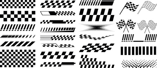 racing stripe banners, checkered pattern vector set, flag, speed line design vector graphics for mot