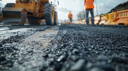 Wall Mural - Road Construction with Heavy Machinery and Workers in Safety Vests on a Newly Paved Asphalt Surface