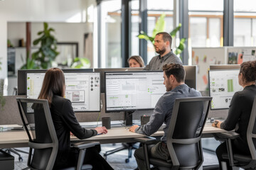 software developers working with program code on computer in modern company office