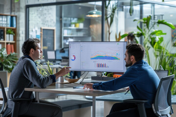 two it specialists are sitting at a desk in a modern office, analyzing data charts displayed on a la