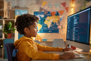 Wall Mural - young boy is using a computer to learn programming at home, smiling while looking at the screen, , o