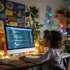 Wall Mural - young african american girl learns programming on a computer in her bedroom, focusing on developing 