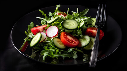 Canvas Print - Fresh, healthy salad with slices of tomato, cucumber, and radish on a bed of arugula, served on a sleek black plate.