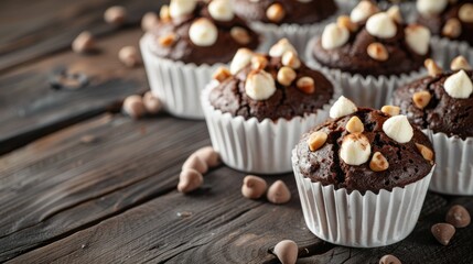 Canvas Print - Chocolate banana muffins in white cups on dark wooden background Concept for party food presentation with room for text