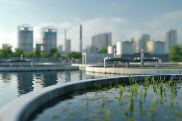 A water treatment facility with large tanks and pipes, with greenery around, indicating industrial processes coexisting with nature, emphasizing clean water management.