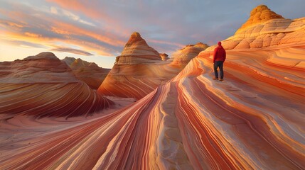 Scenic view of distant tourist standing on sandstone striped formation against cloudless evening sky with bright rainbows. 