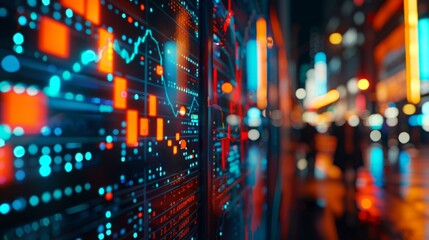 Fototapete - A digital display showing a stock market ticker with scrolling financial graphs and market data in real time.