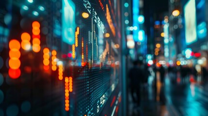 Fototapete - A digital display showing a stock market ticker with scrolling financial graphs and market data in real time.