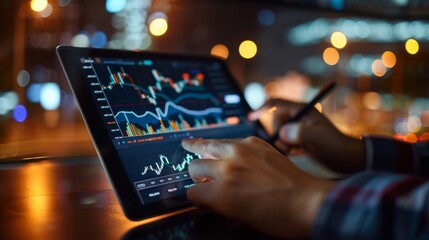 Aufkleber - A financial analyst analyzing a stock market graph on a digital tablet, with focus and concentration.