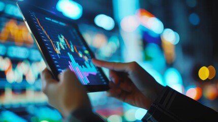 Aufkleber - A financial analyst analyzing a stock market graph on a digital tablet, with focus and concentration.