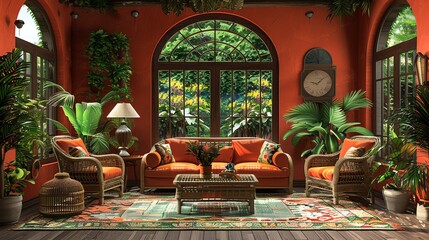 Tropical Living Room with Wicker Furniture and Red Walls.