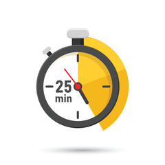 Wall Mural - 25 minutes on stopwatch icon in flat style. Clock face timer vector illustration on isolated background. Countdown sign business concept.