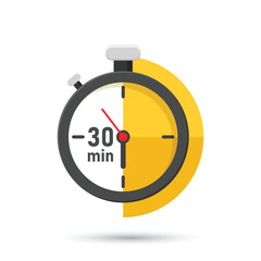 Wall Mural - 30 minutes on stopwatch icon in flat style. Clock face timer vector illustration on isolated background. Countdown sign business concept.