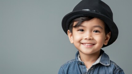 Wall Mural - A young boy wearing a black hat smiles at the camera