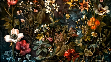 Wall Mural - Beautiful vintage botanical illustration of various flowers on a dark background. Ideal for use in artwork, decor, or vintage collections. 