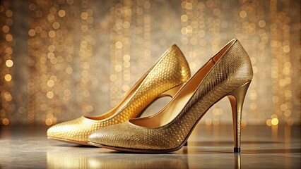 Poster - Glamorous gold high heels exude elegance and luxury indoors, luxury, elegant, elegant, glamor, sparkle, shiny, fashion