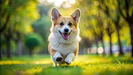 Canvas Print - Playful corgi dog sprinting happily through a park, happy, corgi, dog, running, sprinting, energetic, joyful, pet, animal