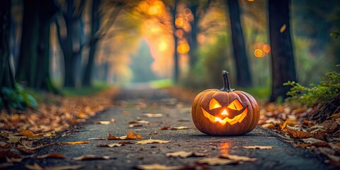 Poster - Halloween jack o' lantern sitting outside on a spooky path, pumpkin, Halloween, jack o' lantern, scary, pathway, autumn