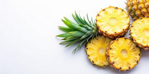 Sticker - Fresh pineapple slices on a white background, tropical, fruit, healthy, sweet, succulent, juicy, delicious, snack